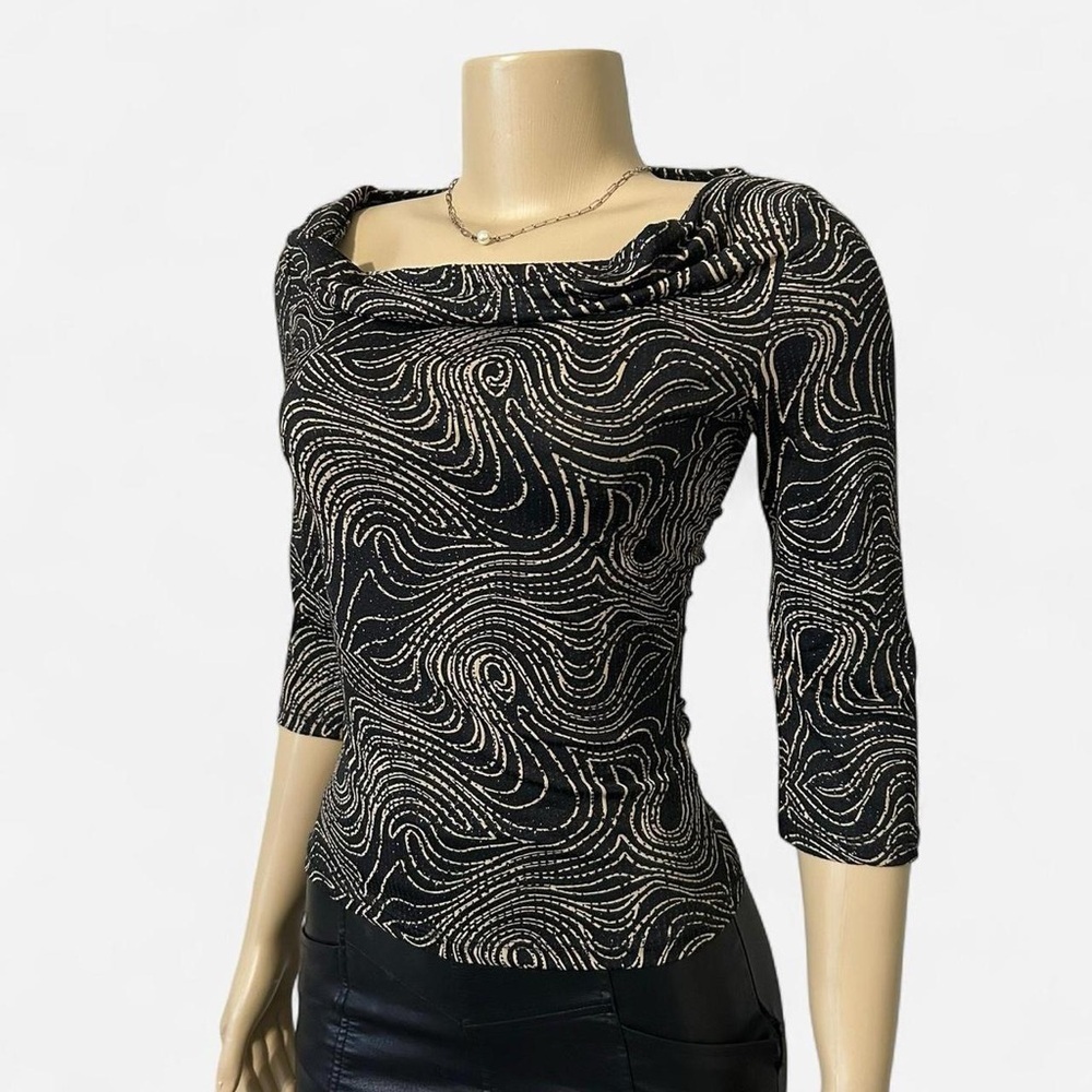 Y2K Black Swirl Print Top Fitted Abstract Pattern Going Out Top